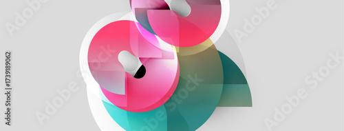 Abstract shapes overlap, creating vibrant pinks, teals, whites. Gradient colors blend smoothly, forming modern design element.