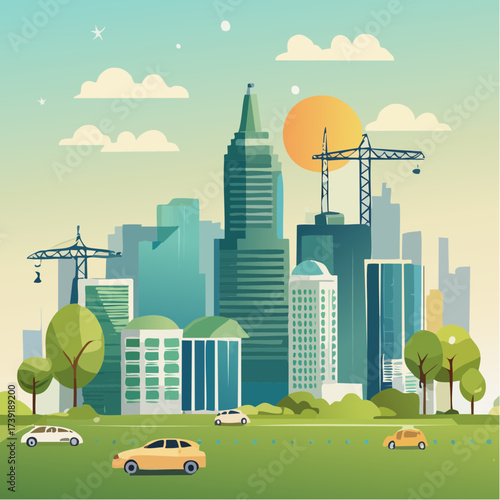 Sustainable urban development illustrated with interconnected elements