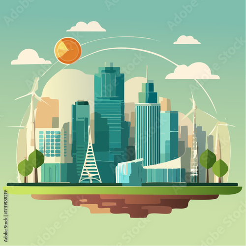 Sustainable urban development illustrated with interconnected elements
