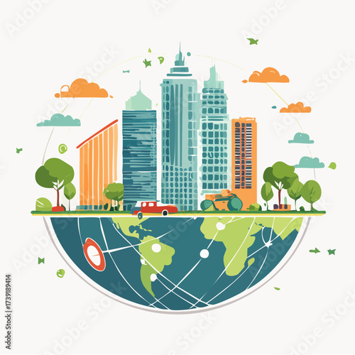 Sustainable urban development illustrated with interconnected elements