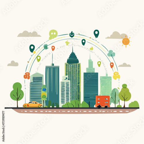 Sustainable urban development illustrated with interconnected elements
