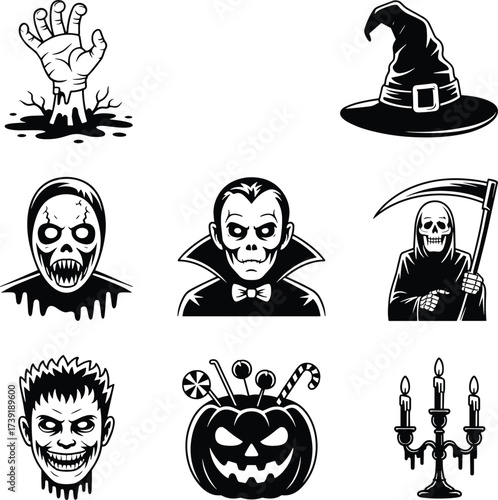 Halloween icon set, zombie hand, witch hat, grim reaper, vampire, mummy, monster head, jack-o'-lantern candy, candelabrum, spooky festive vector
