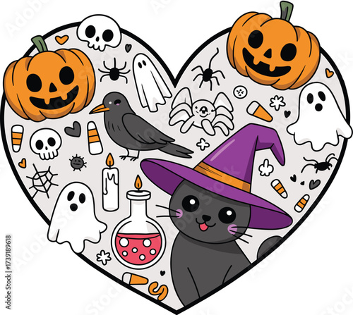 Halloween heart shape, cartoon ghost, jack-o'-lanterns, black cat with witch hat, potion, candy corn, festive spooky vector illustration