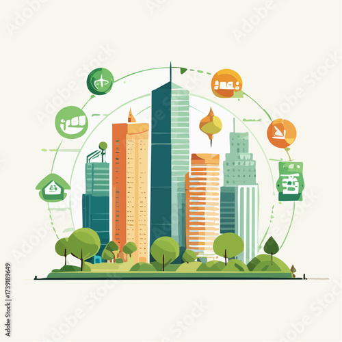 Sustainable urban development illustrated with interconnected elements