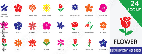 A beautiful vector colourful icon set representing flowers, petals, and botanical elements. Perfect for apps, websites, presentations, and stock platforms needing clear floral visuals.