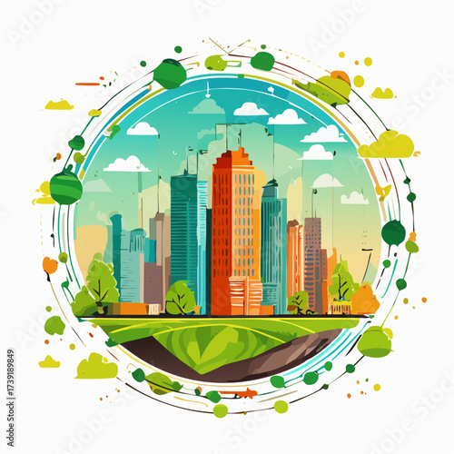 Sustainable urban development illustrated with interconnected elements