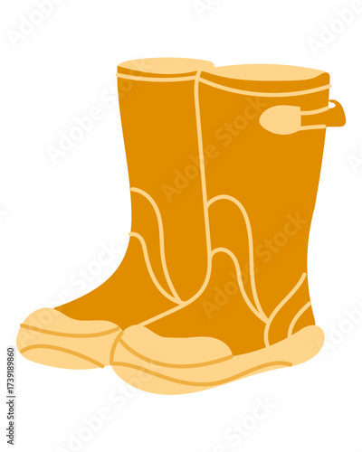 Hand drawn vector illustration of yellow rubber boots in flat style on white background. Concept of autumn, rainy weather and outdoor footwear