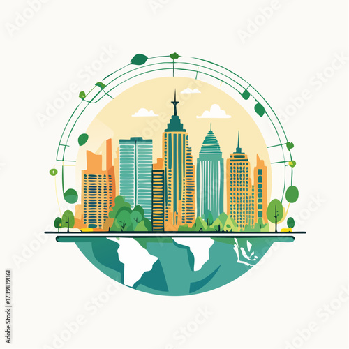 Sustainable urban development illustrated with interconnected elements