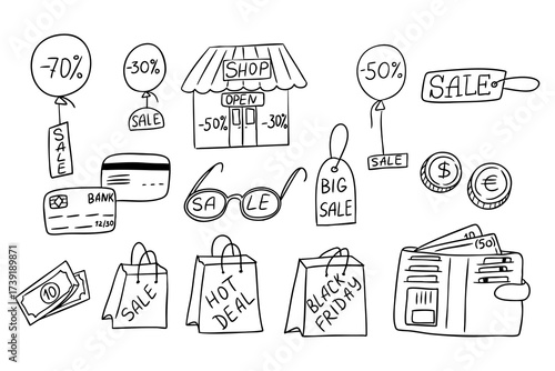 Hand drawn vector set of doodles with shopping bags, sale signs, discounts and money in black and white outline style. Concept of shopping, black friday and seasonal sales