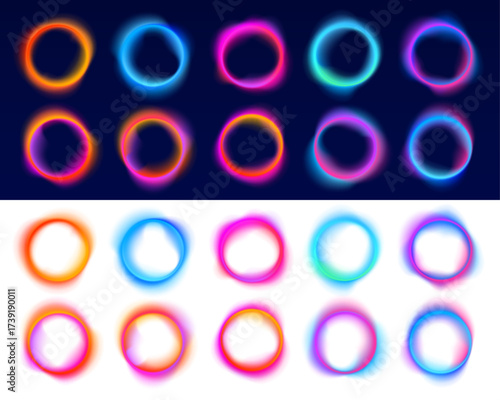 Neon circle frames in blue and purple gradients layered over dark transparent background. The luminous glow gives depth. Designed for futuristic UI design.