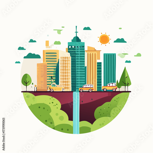 Sustainable urban development illustrated with interconnected elements
