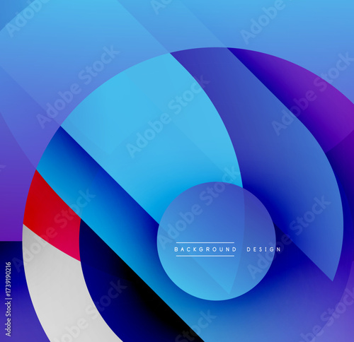 Abstract geometric shapes overlap, creating vibrant blue, purple, red gradients. Modern design suggests fluidity, depth, visual interest.