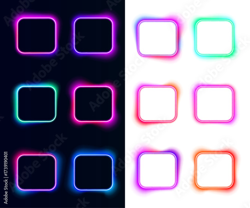 Glowing neon square float softly on a dark background, blending pink, purple, and blue hues to create a mesmerizing futuristic light effect.