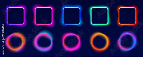Set of glowing gradient spheres in soft pink and purple tones, floating on a transparent background. Each orb radiates a subtle neon light. Perfect for tech-style badges or modern UI elements. 