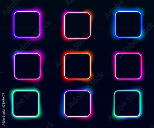 A collection of rectangular neon borders in pink, cyan, and purple shades on a black background. Each frame emits a soft glow. Designed for tech-themed visuals.