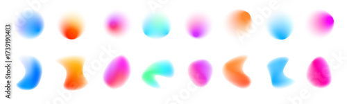 Collection of iridescent blob shapes with a smooth gradient texture and organic forms. Each element looks like a floating holographic gel. Ideal for modern art compositions. PNG