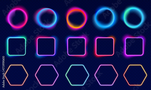 Glowing frames with soft neon gradients in blue, pink, and purple. Each ring radiates a futuristic light aura. Perfect for UI or digital art.