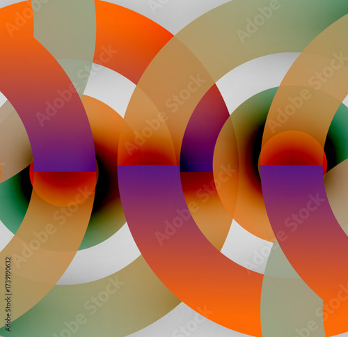 Abstract composition featuring overlapping circular segments. Colors blend, creating dynamic visual rhythm. Shapes suggest movement, depth.