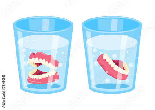False Teeth in Glass Beaker, Denture in water. dentures false jaw removable tooth gum prosthesis, Dental hygiene. Orthodontics and oral surgery concept for dentist healthcare treatment.