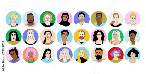 Colorful Avatar Collection – 24 Diverse People Portraits Contact Sheet, Creative Vector Illustration Megapack