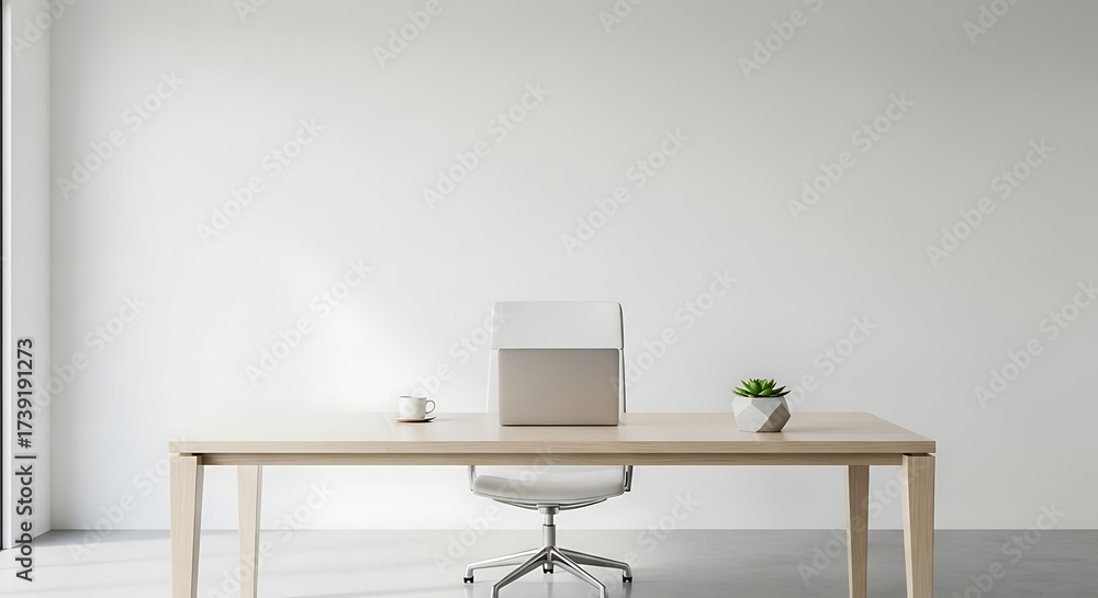 Obraz premium Minimalist home office setup with a wooden desk, laptop, chair, and a small plant against a clean white wall