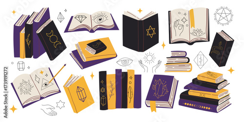 Witch spell books set. Witchcraft attributes, Halloween objects cartoon vector illustration. Hand drawn flat illustration with mystic and esoteric symbol .