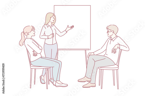 Business meeting and negotiations concept. Group of business partners colleagues having meeting brainstorm discussion or coach presenting lesson vector illustration