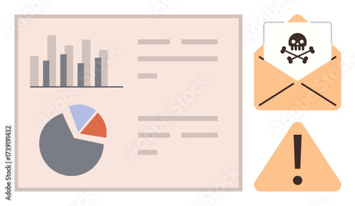 Data charts with bar graph and pie chart, mail with skull and crossbones, and warning triangle. Ideal for cybersecurity, data protection, email threats, phishing alert, IT security, risk analysis