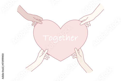 Multiethnic hands holding big heart showing respect and love. Diverse multiracial people demonstrate care and support. Friendship and togetherness. Flat vector illustration.