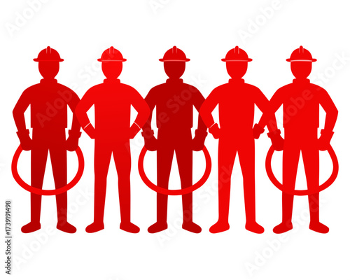 Red firefighter team with hoses vector illustration for emergency services and fire safety awareness design | editable svg