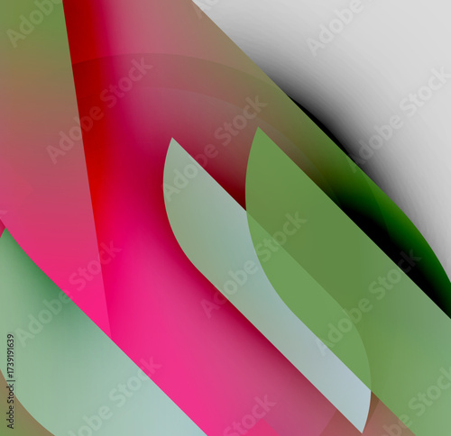 Abstract composition featuring overlapping shapes, vibrant colors. Pink, green, red gradients create dynamic visual effect. Smooth transitions dominate.