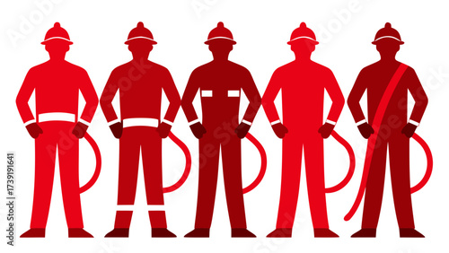 Firefighter team vector illustration featuring red firemen in uniform with hoses for emergency services use | editable svg