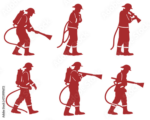 Firefighter silhouette vector graphic set featuring fireman in action with equipment and hose design element | editable svg