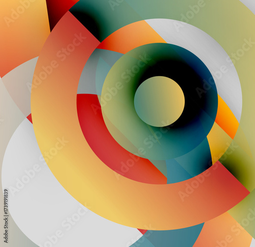 Abstract concentric circles, vibrant colors blend. Modern design, geometric shapes create dynamic visual impact. Smooth gradients, pleasing composition.