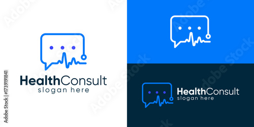 Creative simple health consult logo template. Bubble chat with medical symbol logo design vector illustration.