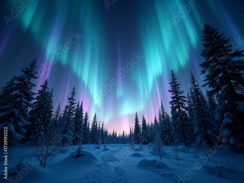 Aurora Over Snow Forest