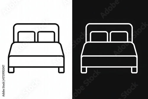 Simple line icon of a double bed for hotel accommodation or home bedroom rest concept. Minimalist vector illustration of furniture for sleep and relaxation