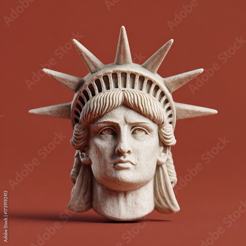 Detailed Miniature Sculpture of Statue of Liberty Head with Antique Texture on Terracotta Background