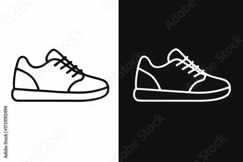Clean and modern vector illustration of a running shoe or trainer, depicted as a simple line art graphic with inverse color options, ideal for versatile design applications
