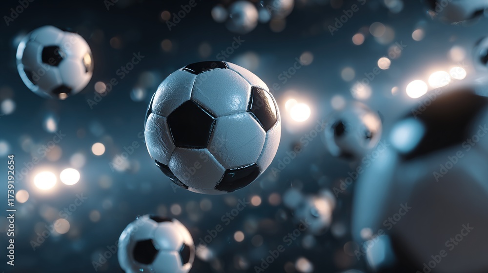 Obraz premium Close-up of floating soccer ball in dramatic night lighting