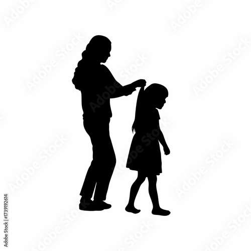 Silhouette of a mother braiding her daughter s hair isolated on white background