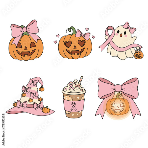 Retro Halloween Coquette Breast Cancer Awareness Vector Set of Cute Cartoon Pumpkins, Ghosts, Witch Hats, Latte Cups, and Bows with Pink Ribbons, Hearts, Candy, and Girly Details, Bold Vintage Illustr