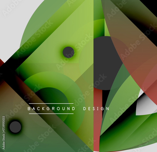 Abstract geometric composition. Overlapping shapes create dynamic visual effect. Green, brown, black hues dominate design. Modern aesthetic.