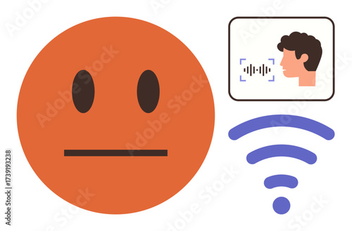 Neutral face emotion expressing no emotion alongside voice recognition interface and wireless signal. Ideal for technology, communication, connectivity, emotions, user interaction, AI interface