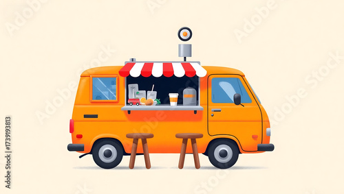 OrangeFoodTruckWithCounterAndStools