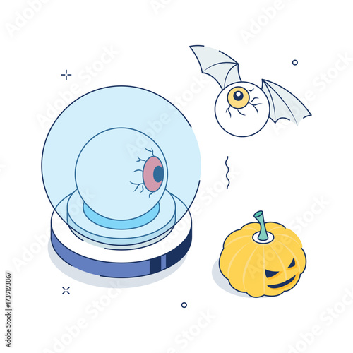 Creepy eyeball crystal ball with flying bat and pumpkin,