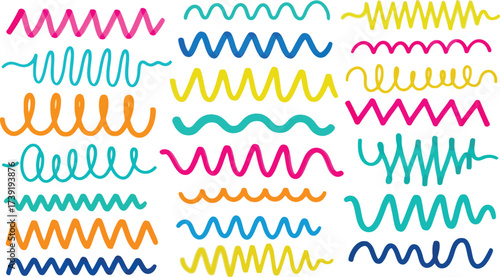 Colorful marker doodles showcase a variety of wavy lines and squiggles, perfect for adding a playful touch to any design project.