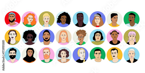 Colorful Avatar Collection – 24 Diverse People Portraits Contact Sheet, Creative Vector Illustration Megapack