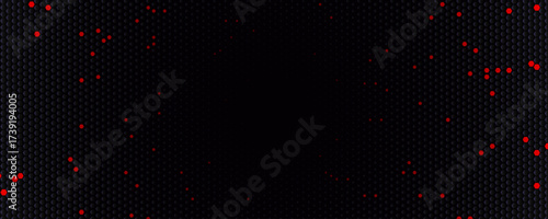 Futuristic dark hexagon honeycomb tech background, red glowing particles for cyber, data, gaming, esports, websites, presentations. Black Hi-tech backgrounds for banners and apps. Vector illustration