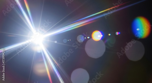 Bright lens flare with colorful light rays and bokeh on a dark background, creating a dynamic and abstract visual effect.